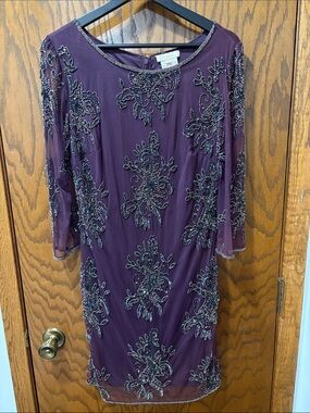 Prelude Floral Sequin Beaded 3/4 Sleeve Purple Evening Cocktail Dress Size 10
